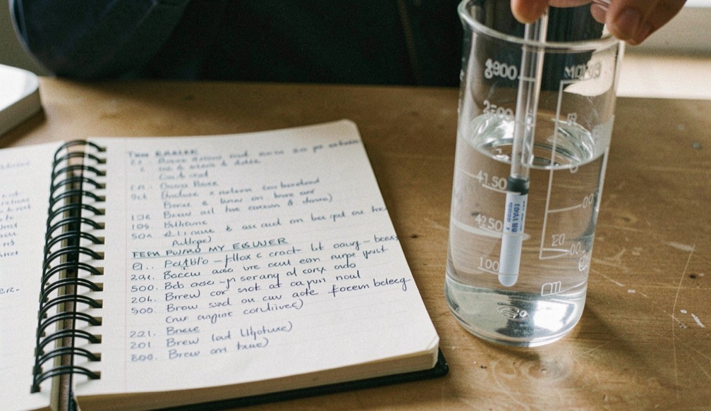 A spiral notebook filled with handwritten brew records lies open beside a tall glass hydrometer test jar.