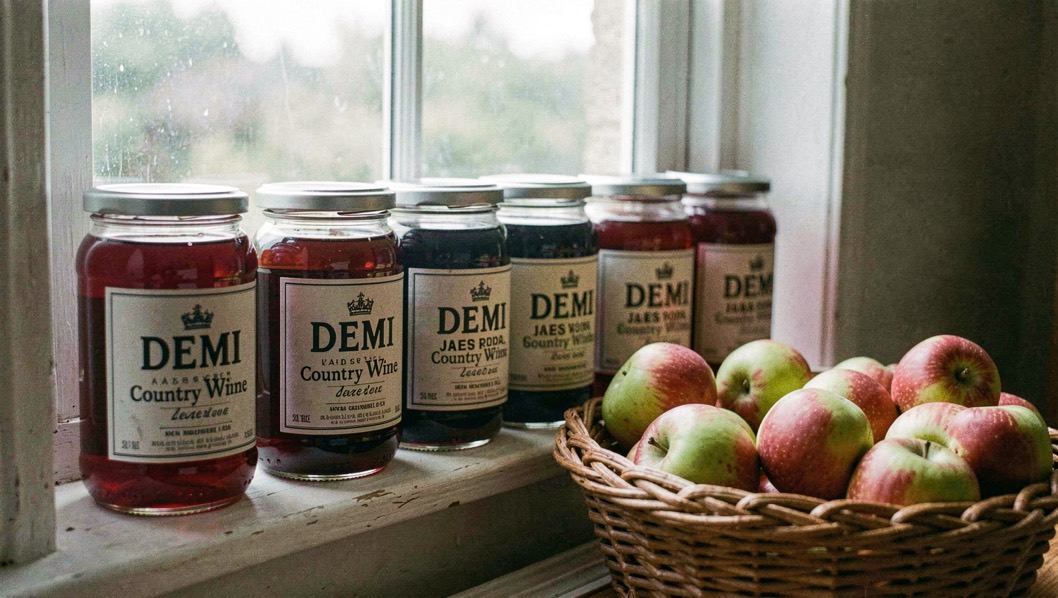 Demi john jars of ruby coloured country wine sit along a windowsill above a basket of apples.