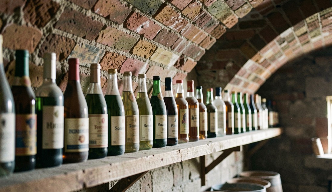 Conditioning bottles dusted lightly stand upright along a cellar shelf beneath brick arches.
