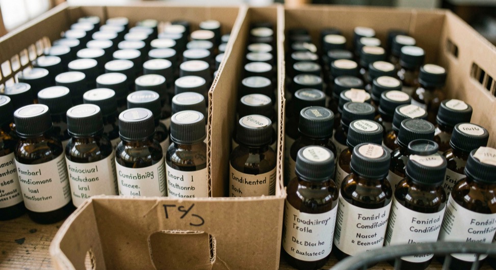 Crate dividers separate labelled conditioning bottles packed upright in tight rows.