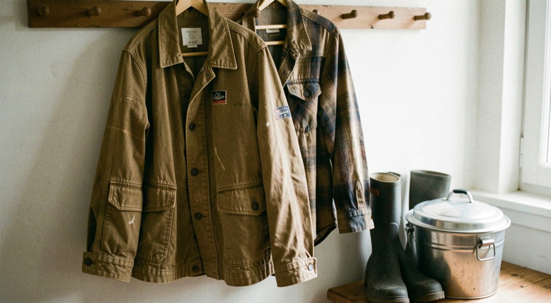 A waxed canvas jacket and a faded checked shirt hang from wooden pegs above rubber boots beside a lidded brewing bucket.