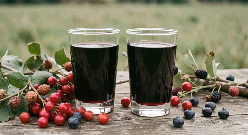 Deep coloured country wine fills straight sided glasses beside scattered hedgerow berries.