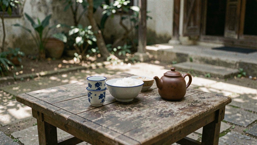 A low wooden table in a shaded courtyard holds a shared bowl of rice, enamel cups and a small tea pot.