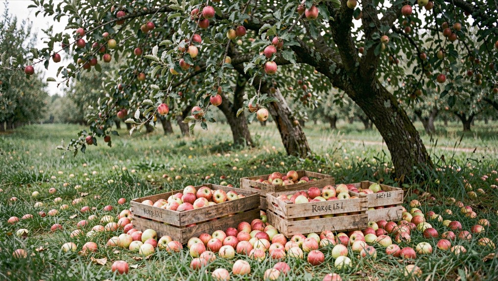 Bushel crates overflow windfall apples upon grass beneath heavily leaning orchard branches.