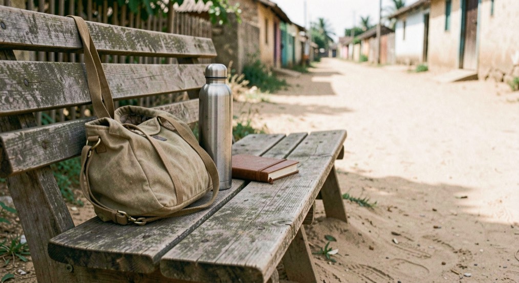 A canvas bag, a metal water bottle and a cloth-bound notebook rest on a wooden bench beside a sandy village path.