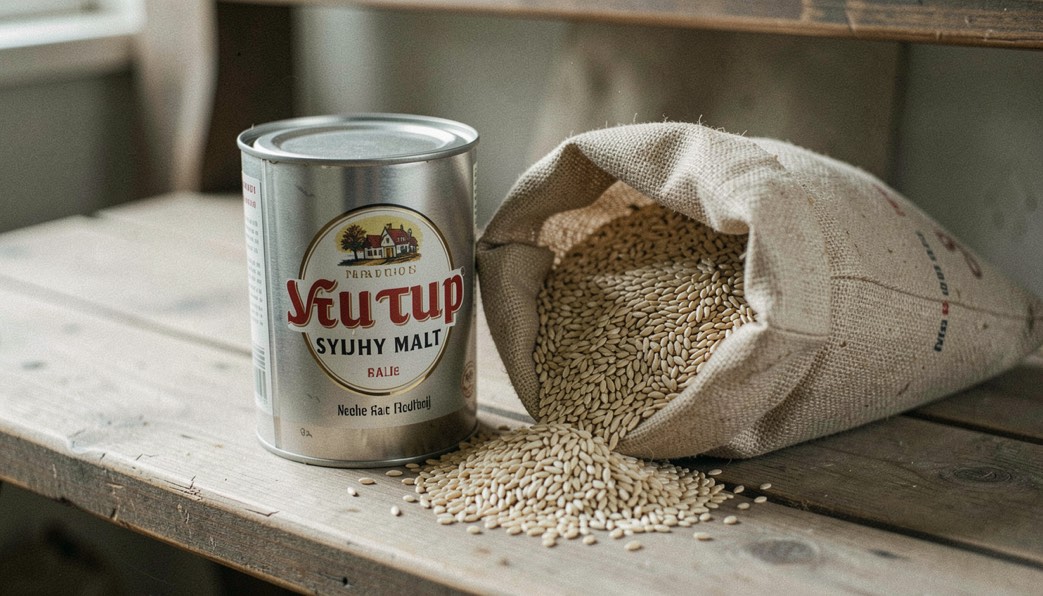 A tin of syrup malt stands beside an open sack of crushed pale grain on a wooden bench.