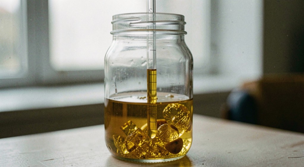 A glass test jar brims with golden sample while a slender hydrometer floats upright inside.