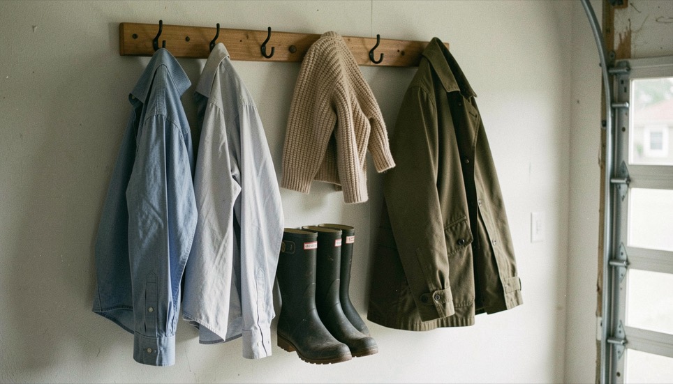 A peg rail on a garage wall holds work shirts, a wool jumper and a waxed jacket above a pair of rubber boots.