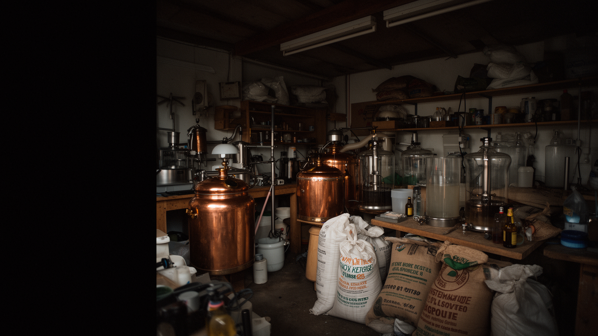 Copper kettle and glass fermenter glowing under a low workshop bulb beside sacks of pale malt.