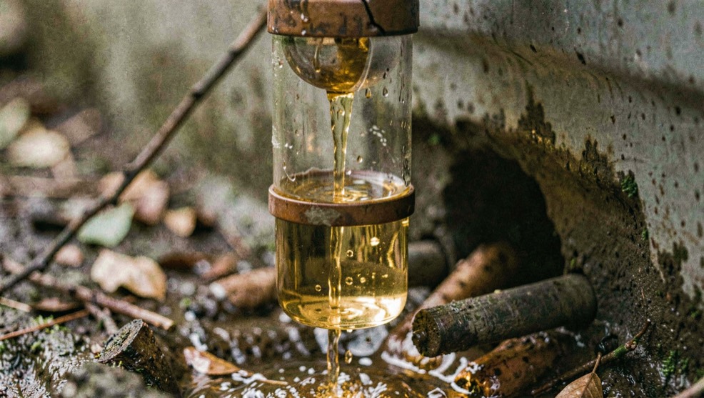 Golden sweet runoff trickles clearly through a sight glass attached temporarily below.