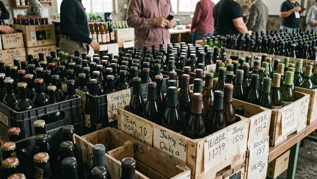 Dark bottled lineups queue in crate rows labelled distinctly in pencil numbered batches.