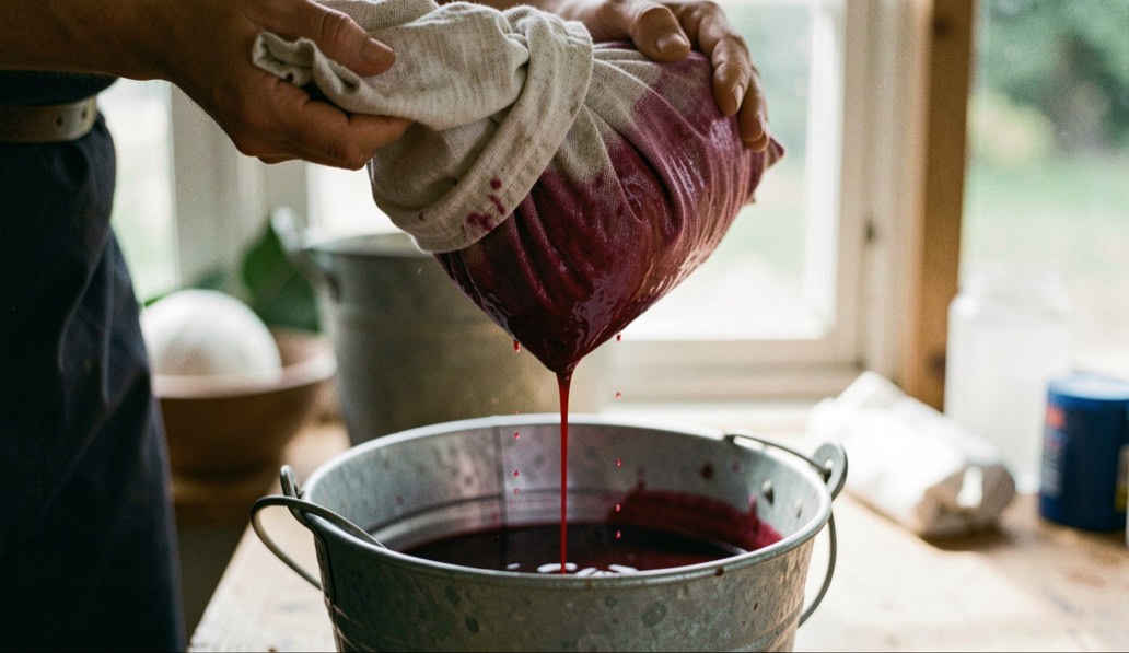 A straining bag drips ruby juice slowly through folded muslin into a bucket below.