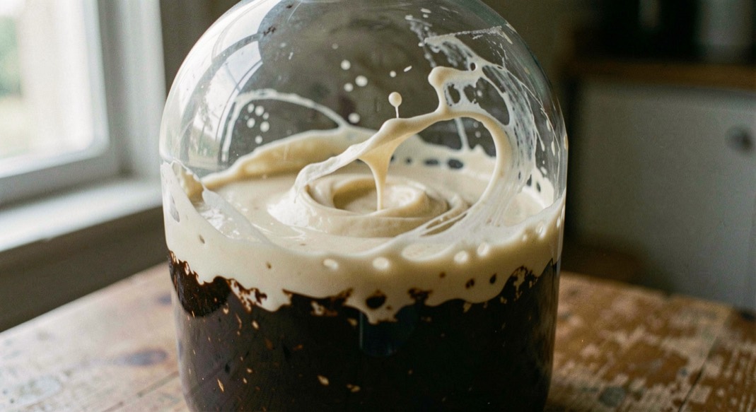 Pale yeast slurry swirls inside the shoulder of a clear demijohn above darker lees.