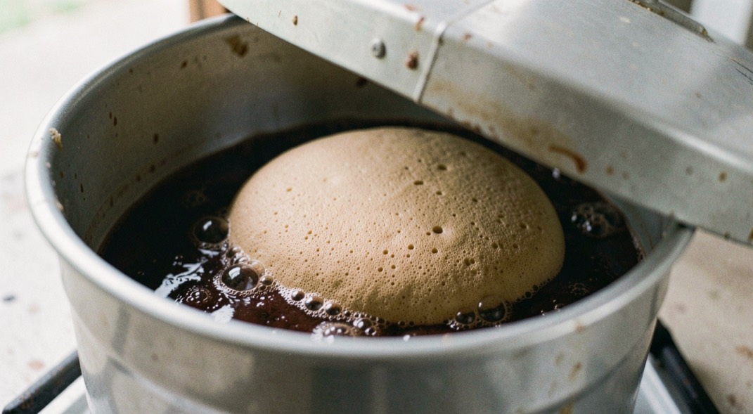A bucket lid lifted to reveal a thick tan foam cap resting on dark wort.