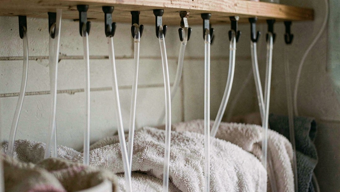 Runs of translucent tubing drain vertically from peg rack hooks above spread towels.