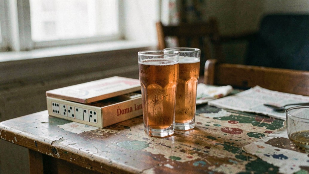 Dark amber ale pours slowly into a small stemmed glass beside a folded tartan napkin.